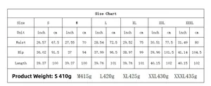 Tableau des tailles pour jeans déchirés avec mesures de taille et de hanches en cm et pouces