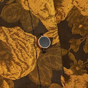 Vintage palace style jacquard dress in gold and brown with a black gold-rimmed button