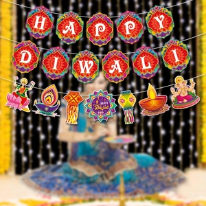 Colorful Happy Diwali banner with Indian festival decorations and deities for home party