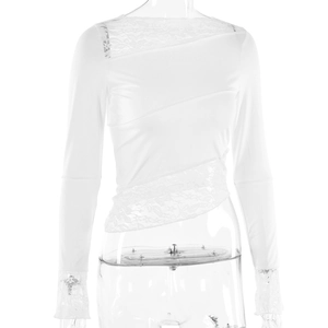 Close-up of white long sleeve top featuring diagonal lace splicing and floral sleeve details