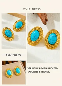 Detailed view of vintage textured gold oval earrings with turquoise stone inlay
