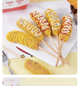 Detailed realistic Korean corn dog models with ketchup and mustard sauce toppings