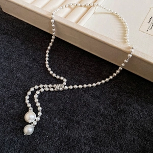French vintage pearl necklace with glass bead teardrop pendant and crystal accents