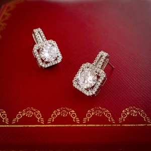 Elegant square halo stud earrings with sparkling round zircon in silver finish