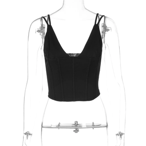 Detail of black V-neck crop top featuring double spaghetti straps and corset boning structure