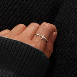 Bague ouverte en argent sterling S925 ajustable avec motif coeur et croix zircon