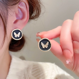 French vintage black round stud earrings with golden butterfly motifs for women