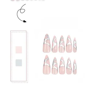 Detail of pink stiletto press-on nails with silver mirror wavy geometric pattern