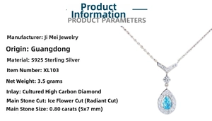 Macro view of S925 sterling silver waterdrop pendant with 0.8ct blue high carbon diamond