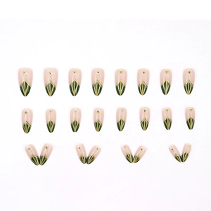 Olive green French almond press-on nails with golden geometric lines in 24-piece set