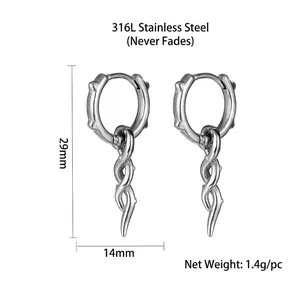 Silver 316L stainless steel hoop earrings with twisted metal pendants in punk style
