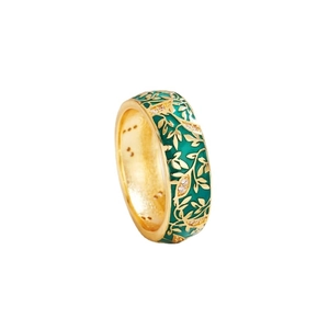 Artistic gold ring with emerald green enamel and floral embossing with zircons