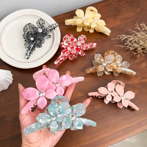 Large Flower Hair Claw Clip Acetate Rhinestone Inlaid Shark Clip Strong Hold French Style Hair Accessories For Women