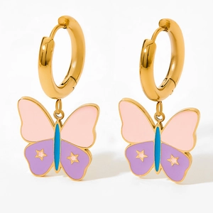 Blue and pink enamel butterfly drop earrings with golden stainless steel hoops