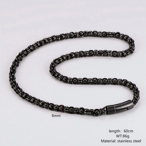 Close-up of 8mm wide stainless steel necklace chain with dimensions and weight specs
