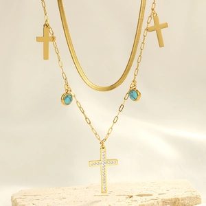 Double-layered gold-plated stainless steel necklace with turquoise beads and zircon cross