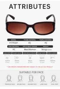 Detailed size chart for square sunglasses showing 62mm lens width and PC frame specs
