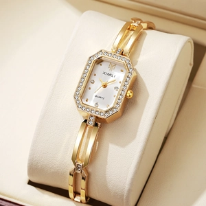 Montre À Quartz Femme Bracelet Mode Luxe Alliage Or Chaîne Creuse Cadran Octogonal Strass Analogique Élégante Montre-Bracelet
