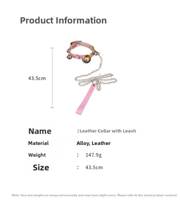 Detailed spec sheet for light pink leather choker with bell and leash attachment