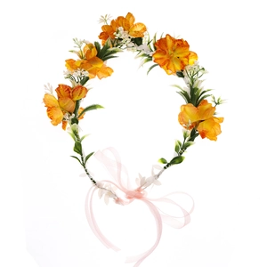 Floral bridal crown featuring orange roses and pink ribbons on a clean white background