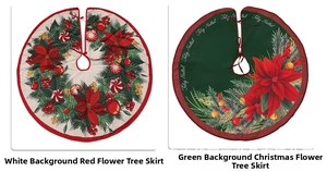 Detailed pattern of white and green Christmas tree skirts with festive floral prints