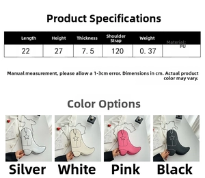 Size chart showing boot-shaped crossbody bag dimensions and four available colors