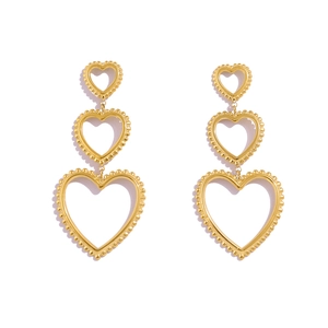 Elegant 18K gold-plated triple layered heart drop earrings with pearl bead textures