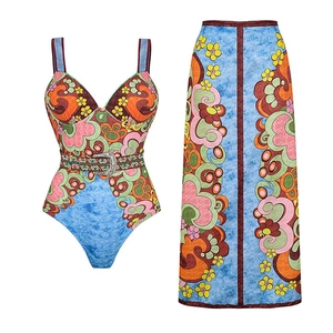 Women Retro Bohemian Print One Piece Swimsuit And Long Skirt Nylon Deep V Neck Belted Summer Beachwear