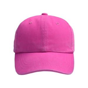 Detailed close-up of a neon pink cotton twill baseball cap with reinforced stitching