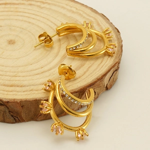 18K gold plated multi-layer C-shaped hoop earrings with pink gemstones and zircons