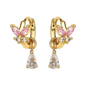 Elegant gold butterfly hoop earrings with pink crystals and teardrop pendants