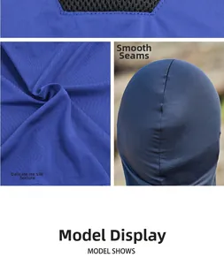 Detailed views of royal blue cooling ice silk fabric and breathable black mesh panel