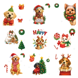 Christmas static window decals featuring diverse dog breeds with festive wreaths and gift boxes