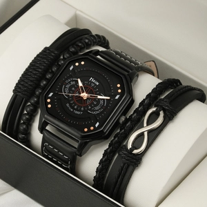 Men's fashion square watch set with black multi-function dial and leather bracelets