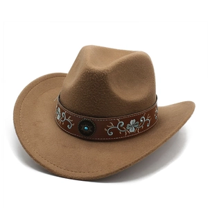 Detail of brown wool felt cowboy hat featuring turquoise buckle and ethnic embroidery