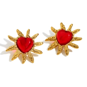 French vintage style 18K gold plated heart stud earrings with red agate sunburst design