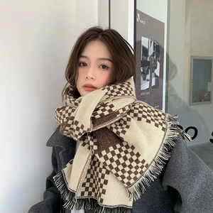 British style brown checkered fringe scarf for men and women in soft cashmere-like fabric