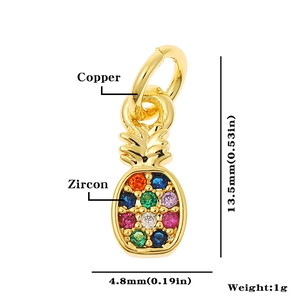 Detailed size chart for a gold pineapple pendant made of copper and colorful zircon