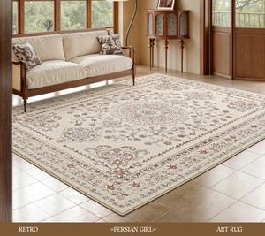 Detail of vintage Persian style rug with floral patterns in a retro living room setting
