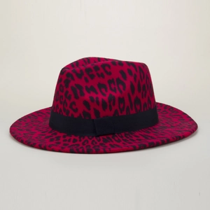 Classic fuchsia and leopard print felt fedora with black ribbon band and wide brim