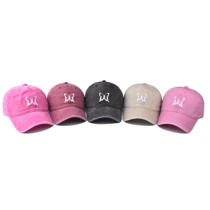 Washed cotton baseball caps in five colors with white butterfly embroidery details