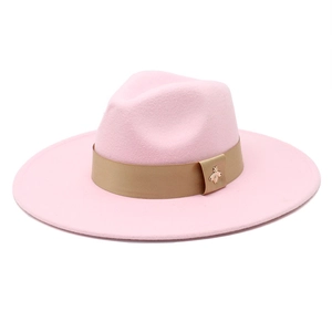 Pink wide brim wool fedora hat with khaki ribbon and metal bee badge for men and women