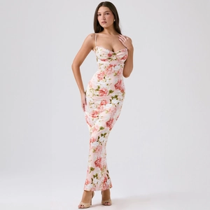 Women Floral Print Spaghetti Strap Maxi Dress Lace Trim Slim Fit Side Slit Sexy Bodycon Summer Party Long Dress