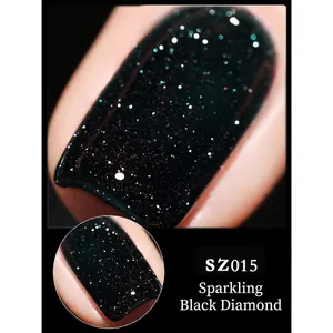 Close-up of glitter nail polish in shade SZ015 sparkling black with teal diamond effect