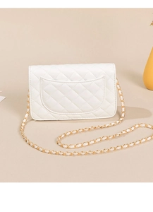 Detail view of white quilted chain bag featuring a functional back slip pocket and PU leather