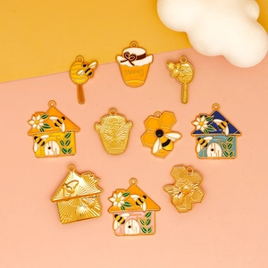 Enamel bee and honeycomb gold alloy pendants for DIY jewelry and keychain making