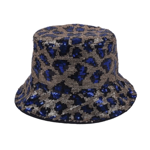 Glitzernder Pailletten Fischerhut mit Leopardenmuster in Blau und Bronze-Gold