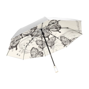 Elegant folding sun umbrella with butterfly print on inner lining and silver exterior