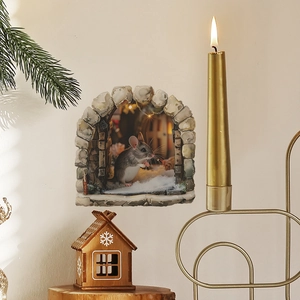 3D Christmas mouse hole wall sticker with snowy scene on a clean white wall