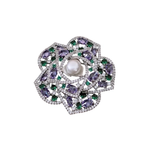 Vintage floral brooch with pearl, cubic zirconia, purple and green gemstones in silver